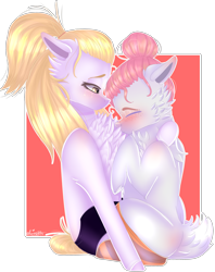 Size: 2148x2716 | Tagged: safe, artist:popcornhorns, oc, oc only, oc:kira, oc:tsanaimi, earth pony, pony, blushing, chest fluff, clothes, female, high res, lesbian, mare, oc x oc, shipping, socks, striped socks