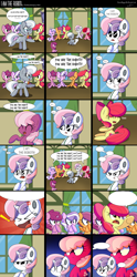 Size: 3530x7132 | Tagged: safe, artist:therandomjoyrider, apple bloom, cheerilee, diamond tiara, scootaloo, silver spoon, sweetie belle, sweetie bot, pony, robot, robot pony, unicorn, absurd resolution, comic, exploitable, eyes closed, female, filly, foal, hooves, horn, mare, my life as a teenage robot, open mouth, parody, sitting, standing, window