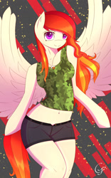 Size: 1200x1920 | Tagged: safe, artist:laptop-pone, oc, oc only, oc:firestorm, anthro, pegasus, unguligrade anthro, anthro oc, arm hooves, belly button, breasts, clothes, colored pupils, female, looking at you, mare, midriff, requested art, shorts, smiling, smiling at you, tanktop