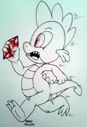 Size: 1024x1491 | Tagged: safe, artist:megadrivesonic, spike, dragon, gem, solo, traditional art