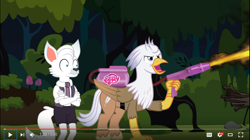 Size: 934x522 | Tagged: artist needed, safe, screencap, oc, oc only, oc:dr. wolf, oc:silver quill, classical hippogriff, hippogriff, pony, everfree forest, flamethrower, weapon, youtube