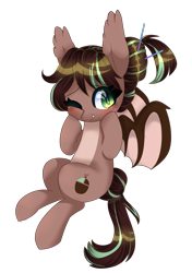 Size: 1053x1500 | Tagged: safe, artist:lnspira, oc, oc only, oc:cocoa dot, bat pony, pony, blushing, chibi, female, flying, mare, one eye closed, simple background, solo, transparent background, wink