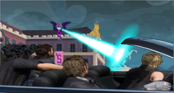 Size: 1024x547 | Tagged: safe, edit, edited screencap, screencap, midnight sparkle, sci-twi, twilight sparkle, equestria girls, friendship games, blast, car, final fantasy, final fantasy xv, gladiolus amicitia, ignis scientia, magic, magic blast, noctis lucis caelum, prompto argentum