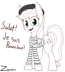 Size: 1816x2026 | Tagged: safe, artist:zaponator, oc, oc only, oc:pommejean, french, looking at you, monochrome, not applejack, solo