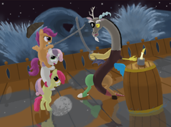 Size: 5377x3985 | Tagged: safe, artist:morevespenegas, apple bloom, discord, scootaloo, sweetie belle, absurd resolution, cutie mark crusaders, fencing, martial arts, pirate, saber, sword, weapon