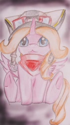 Size: 540x960 | Tagged: safe, oc, oc only, oc:peach bloom, alicorn, pony, alicorn oc, aviator goggles, female, filly, sitting, solo, spread wings, traditional art, underhoof