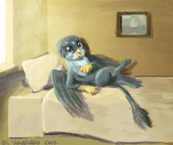 Size: 1053x879 | Tagged: safe, artist:el-yeguero, gabby, griffon, bed, draw me like one of your french girls, on back, solo