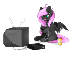 Size: 1024x822 | Tagged: safe, artist:itsizzybel, oc, oc only, oc:cream cloud, pegasus, pony, controller, earbuds, female, joystick, mare, simple background, soda, solo, television, transparent background, video game