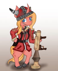 Size: 496x609 | Tagged: artist needed, safe, oc, oc only, oc:peach bloom, alicorn, anthro, unguligrade anthro, alicorn oc, australium, australium rocket launcher, clothes, cold snap coat, costume, female, filly, gunboats, helmet, horned helmet, rocket launcher, shogun's shoulder guard, smug, soldier, solo, team fortress 2, tyrant's helm, viking helmet