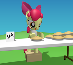 Size: 900x800 | Tagged: safe, artist:blackoakshield, apple bloom, 3d, blender, food, pie, solo, table