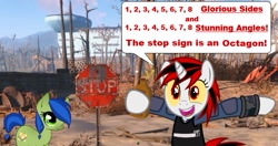 Size: 659x347 | Tagged: safe, oc, oc only, oc:blackjack, oc:scotch tape, pony, unicorn, fallout equestria, captain obvious, jack black, octagon, sesame street, stop sign