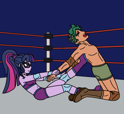 Size: 1396x1284 | Tagged: safe, artist:avispaneitor, sci-twi, timber spruce, twilight sparkle, equestria girls, bare chest, clothes, intergender wrestling, partial nudity, topless, wrestling, wrestling ring