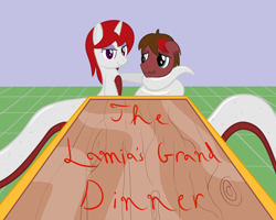 Size: 1000x800 | Tagged: safe, artist:mightyshockwave, oc, oc only, oc:boltblood thundercloud, oc:ruby scales, lamia, original species, snake pony, fanfic:the lamia's grand dinner, coiling, coils, dinner table, table