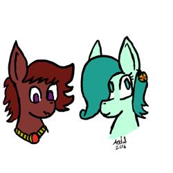 Size: 500x500 | Tagged: safe, alternate version, artist:axisthechangeling, oc, oc only, oc:emerald jewel, oc:ruby rouge, amulet, color, colt, colt quest, cute, ear piercing, earring, female, filly, foal, hair over one eye, jewelry, male, piercing, wavy mouth