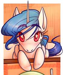 Size: 682x804 | Tagged: safe, artist:alvrexadpot, derpibooru exclusive, oc, oc only, oc:blacc crop, pony, unicorn, blue mane, blushing, eyelashes, heart eyes, looking at you, looking up, pink eyes, placemat, plate, sitting, solo, wingding eyes