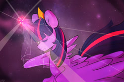 Size: 1000x666 | Tagged: safe, artist:silverknight27, twilight sparkle, twilight sparkle (alicorn), alicorn, pony, cutie mark, eyes closed, female, flying, magic, mare, night, solo, veil