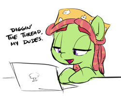 Size: 457x363 | Tagged: safe, artist:shoutingisfun, tree hugger, pony, computer, dialogue, laptop computer, lidded eyes, reaction image, solo