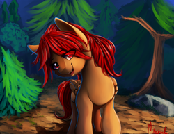 Size: 1400x1080 | Tagged: safe, artist:miokomata, oc, oc only, pegasus, pony, female, forest, looking at you, mare, smiling, solo, tree
