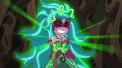 Size: 960x540 | Tagged: safe, screencap, gaea everfree, gloriosa daisy, equestria girls, legend of everfree, animated, black sclera, gif, glow, grin, head tilt, lightning, magical geodes, slasher smile, smiling, solo, wide eyes
