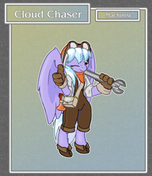 Size: 1688x1950 | Tagged: safe, artist:brownie-bytes, cloudchaser, anthro, pegasus, unguligrade anthro, crossover, female, final fantasy, goggles, machinist, one eye closed, solo, wink, wrench