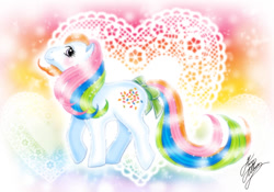 Size: 794x556 | Tagged: safe, artist:marco albiero, confetti (g1), g1, bow, rainbow ponies, solo, tail bow