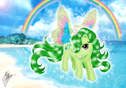 Size: 843x590 | Tagged: safe, artist:marco albiero, butterfly, g1, beach, cool breeze, flying, rainbow, solo, windy wing ponies