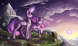 Size: 2700x1600 | Tagged: safe, artist:alina-sherl, princess flurry heart, twilight sparkle, twilight sparkle (alicorn), alicorn, pony, aunt and niece, auntie twilight, castle, cloud, duo, family, female, glowing horn, magic, mare, mountain, older, scenery, smiling, sunrise