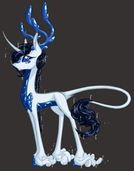 Size: 1127x1439 | Tagged: safe, artist:australian-senior, oc, oc only, oc:rowena invictus, alicorn, kirin, pony, alternate universe, antlers, blue eyes, colored hooves, colored sclera, crossover, curved horn, gray background, kirindos, leonine tail, portal, portal (valve), portal 2, scales, simple background, solo, unshorn fetlocks