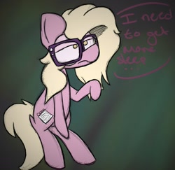 Size: 1528x1485 | Tagged: dead source, source needed, useless source url, safe, artist:booker-the-dewitt, grace manewitz, pony, bipedal, dialogue, female, glasses, lidded eyes, mare, raised hoof, sketch, solo, tired