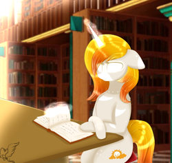 Size: 1024x970 | Tagged: safe, artist:little-sketches, oc, oc only, pony, unicorn, book, eye clipping through hair, female, glowing eyes, library, magic, mare, solo