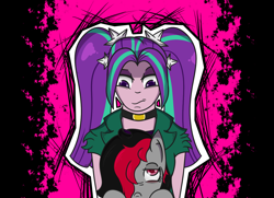 Size: 1300x941 | Tagged: safe, artist:lazerblues, aria blaze, oc, oc:miss eri, pony, equestria girls, abstract background, holding a pony