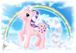 Size: 397x278 | Tagged: safe, artist:marco albiero, twilight, unicorn, g1, bow, rainbow, solo, tail bow