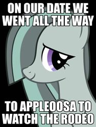 Size: 750x1000 | Tagged: safe, marble pie, earth pony, pony, black background, female, gray coat, image macro, innocent innuendo, innuendo, mare, meme, painfully innocent marble, paraprosdokian, purple eyes, raised hoof, raised leg, simple background, smiling, solo, text, two toned mane