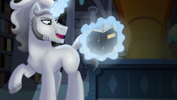 Size: 1024x576 | Tagged: safe, artist:tambelon, oc, oc only, oc:prince topaz, crystal pony, pony, unicorn, book, complex background, magic, male, solo, stallion, watermark