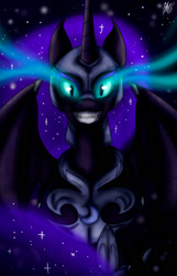 Size: 1024x1588 | Tagged: safe, artist:ebonyinkstone, nightmare moon, alicorn, pony, armor, female, glowing eyes, looking at you, mare, solo, sparkling