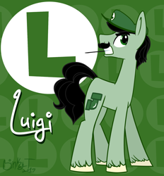 Size: 1780x1920 | Tagged: safe, artist:binkyt11, earth pony, pony, angry, crossover, luigi, male, ponified, record, solo, stallion, super mario bros., unshorn fetlocks