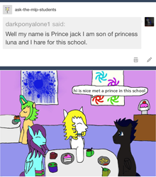 Size: 1130x1286 | Tagged: safe, artist:ask-luciavampire, oc, oc only, alicorn, pegasus, pony, unicorn, ask, food, prince, tumblr, tumblr:ask-the-mlp-students