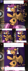 Size: 1500x3750 | Tagged: safe, artist:conmanwolf, scootaloo, pony, fanfic:rainbow factory, ask factory scootaloo, battery, bed, comic, crying, factory scootaloo, pillow, recording