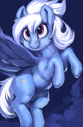 Size: 2000x3029 | Tagged: safe, artist:dimfann, cloudchaser, pegasus, pony, cloud, flying, head turn, looking at something, night, raised hoof, smiling, solo, spread wings, stars