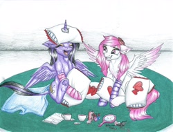 Size: 6603x5052 | Tagged: safe, artist:tillie-tmb, oc, oc only, oc:nadine, oc:tillie, alicorn, pegasus, pony, absurd resolution, clothes, female, horn impalement, mare, mirror, pillow, pillow fight, slumber party, socks, traditional art