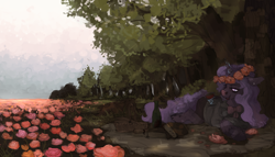 Size: 4200x2400 | Tagged: safe, artist:celestiawept, oc, oc only, oc:tender thought, pony, unicorn, absurd resolution, alcohol, basket, book, bottle, clothes, cup, drinking, floral head wreath, flower, flower field, forest, lidded eyes, looking at something, magic, picnic, picnic basket, prone, solo