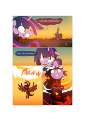 Size: 3541x5016 | Tagged: safe, artist:gashiboka, twilight sparkle, twilight sparkle (alicorn), oc, oc:brotonia, alicorn, pony, comic:recall the time of no return, absurd resolution, comic, fake twilight, fight, twilight's castle, zygon