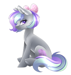 Size: 1888x1987 | Tagged: safe, artist:scarlet-spectrum, oc, oc only, pony, art trade, bow, colored pupils, ear piercing, female, freckles, hair bow, looking back, mare, piercing, simple background, sitting, smiling, solo, transparent background