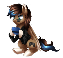 Size: 3015x2744 | Tagged: safe, artist:scarlet-spectrum, oc, oc only, oc:playthrough, pegasus, pony, clothes, commission, male, nintendo ds, simple background, smiling, solo, stallion, sunglasses, sweater, transparent background, video game