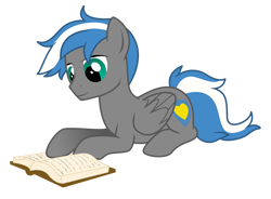 Size: 2191x1613 | Tagged: safe, artist:lostinthetrees, oc, oc only, oc:cloud zapper, pegasus, pony, book, male, prone, reading, simple background, solo, stallion, transparent background