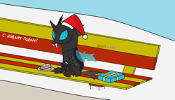 Size: 1174x673 | Tagged: safe, alternate version, artist:watermelon changeling, derpibooru exclusive, kevin (changeling), changeling, bench, cake, christmas changeling, food, hat, ms paint, present, russian, santa hat, sitting, snow, solo, translated in the description