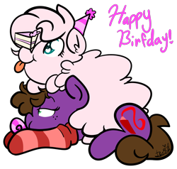 Size: 2917x2778 | Tagged: safe, artist:befishproductions, oc, oc only, oc:befish, oc:fluffle puff, pony, cake, clothes, food, hat, high res, party hat, party horn, signature, simple background, socks, striped socks, tongue out, transparent background