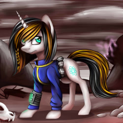 Size: 4000x4000 | Tagged: safe, artist:shkura2011, oc, oc only, pony, unicorn, fallout equestria, absurd resolution, fallout, female, magic, mare, skull, solo, vault suit