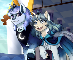 Size: 1044x861 | Tagged: safe, artist:miamaha, artist:starlynxwish, oc, oc only, oc:amadeus, oc:star chime, alicorn, pony, alicorn oc, clothes, crown, dress, jewelry, offspring, parent:oc:glacial streak, parent:princess luna, parents:canon x oc, regalia