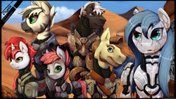 Size: 1280x720 | Tagged: safe, artist:eztp, oc, oc only, earth pony, pony, robot, robot pony, unicorn, zebra, armor, clothes, colored pupils, commission, desert, female, group, looking at you, male, mare, signature, size difference, smiling, stallion